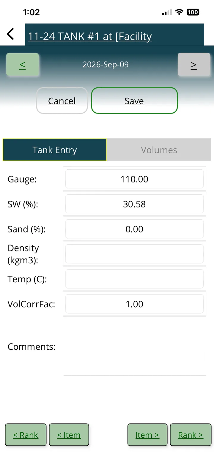 OpsFDCm tank data entry